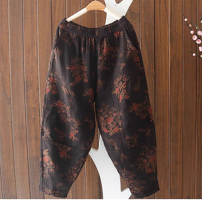 Babakud Women Autumn Retro Cotton Linen Printed Casual Pants