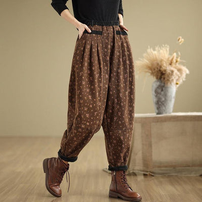 Babakud Women Winter Fleece-Lined Printed Relaxed-Fit Denim Harem Pants