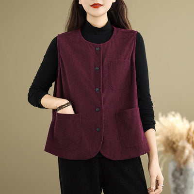 Babakud Women Spring Retro Corduroy Casual Vest