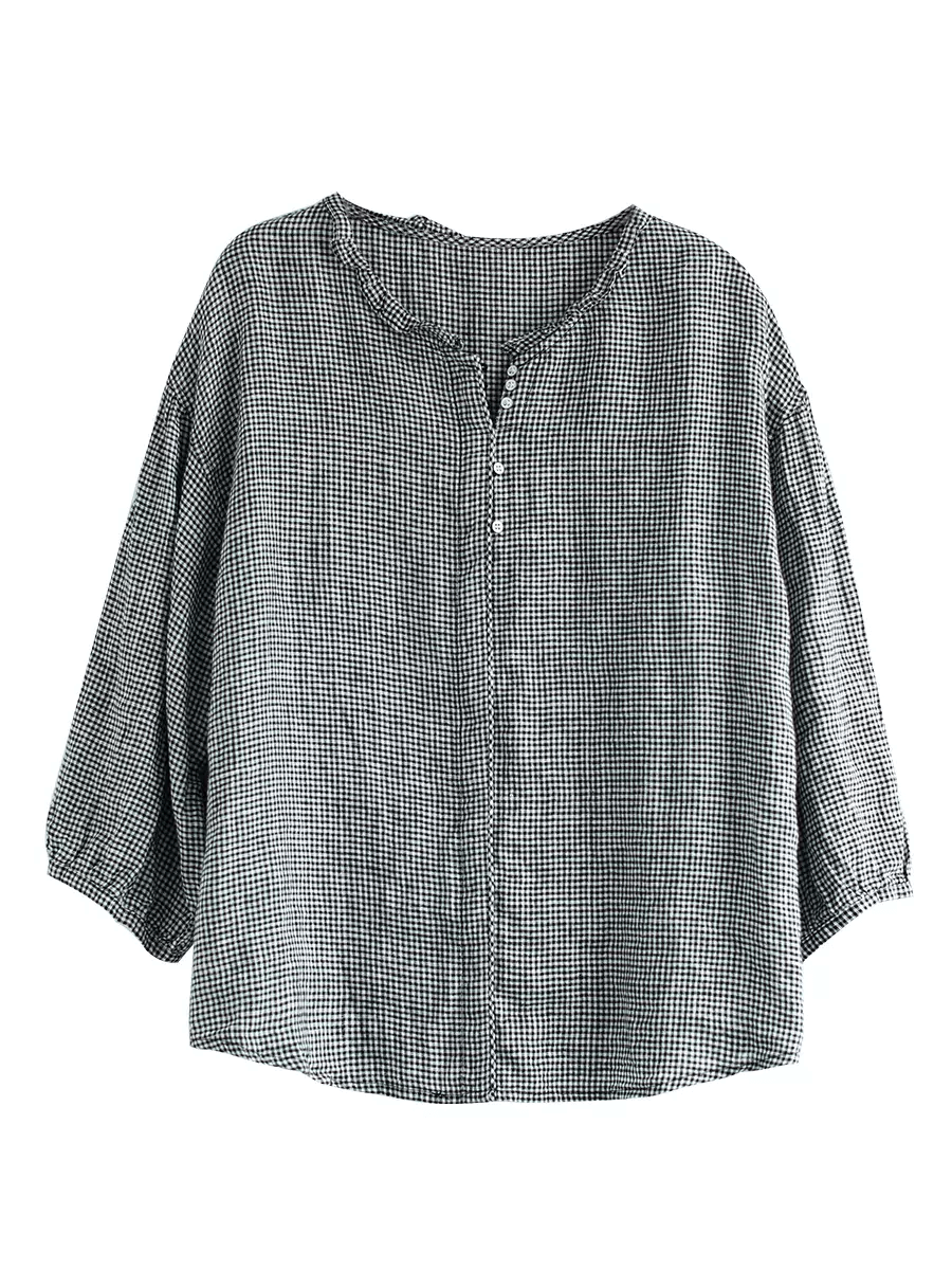 Babakud Women Summer Classic Linen Plaid Shirt