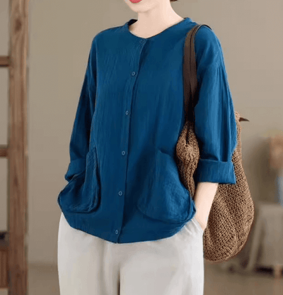 Babakud Women Autumn Artistic Big Pocket Cotton Blouse