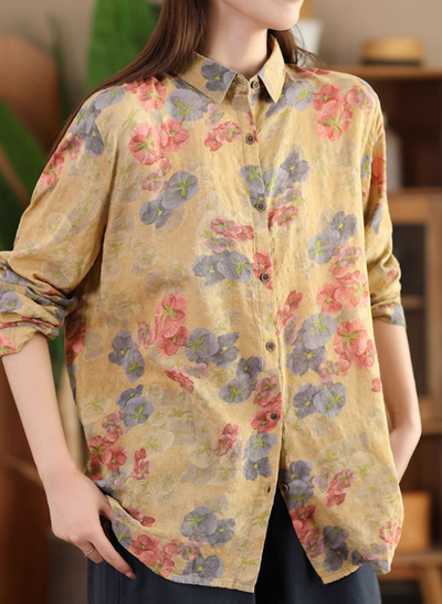 Babakud Women Autumn Retro Cotton Floral Printed Shirt