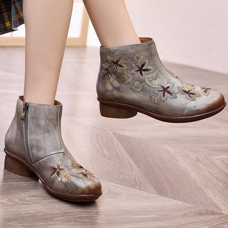 Babakud Women Winter Embroidered Fleece- Lined Leather Short Boots