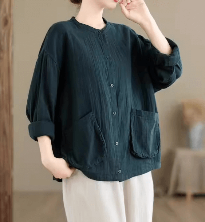 Babakud Women Autumn Artistic Big Pocket Cotton Blouse