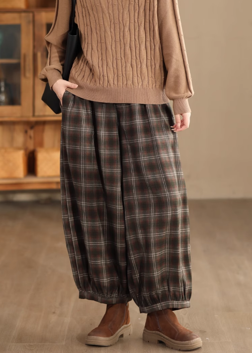 Babakud Women Autumn Retro Plaid Woolen Harem Pants