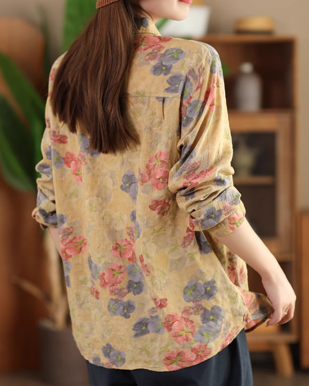 Babakud Women Autumn Retro Cotton Floral Printed Shirt