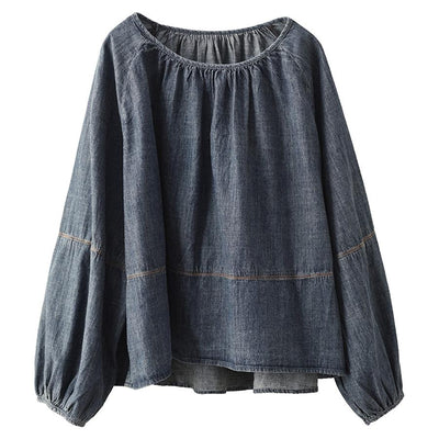 Babakud Women Autumn Retro Lantern Sleeves Denim Top