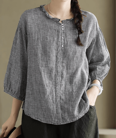 Babakud Women Summer Classic Linen Plaid Shirt