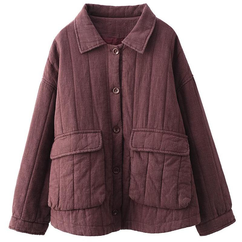 Babakud Women Winter Retro Pocket Ramie Quilted Cotton Jacket