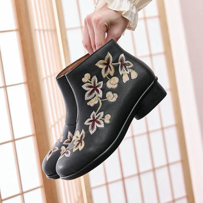 Babakud Women Winter Embroidered Fleece- Lined Leather Short Boots