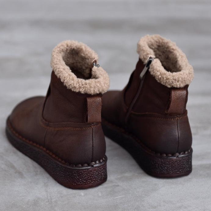 Babakud Women Winter Fleece-Lined Leather Round Toe Short Boots