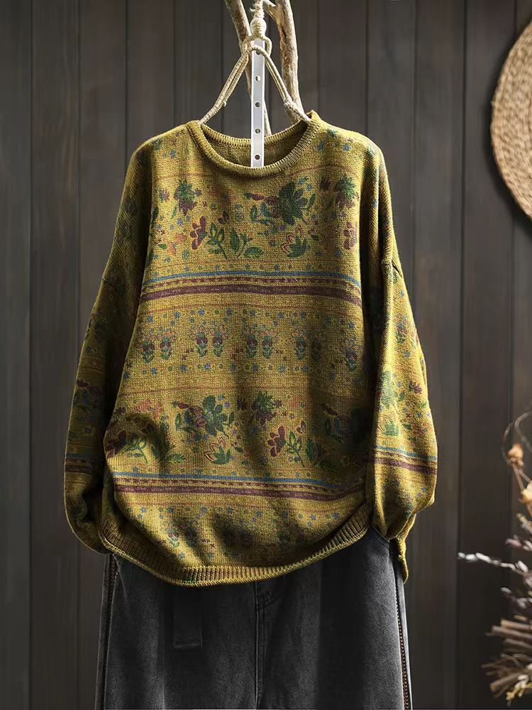 Babakud Women Autumn Retro Cotton Printed Pullover Sweater