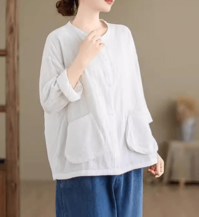 Babakud Women Autumn Artistic Big Pocket Cotton Blouse