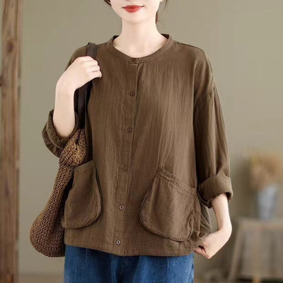 Babakud Women Autumn Artistic Big Pocket Cotton Blouse