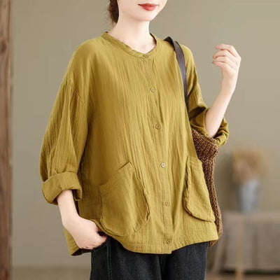 Babakud Women Autumn Artistic Big Pocket Cotton Blouse