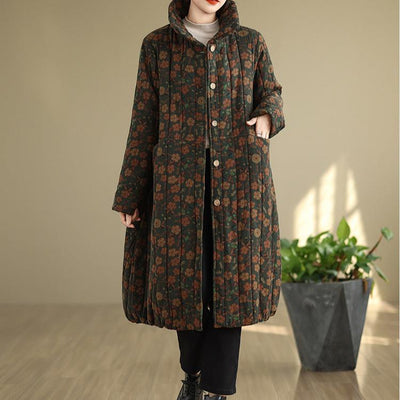 Babakud Women Winter Plus Size Floral Cotton Linen Quilted Fleece- Lined Coat