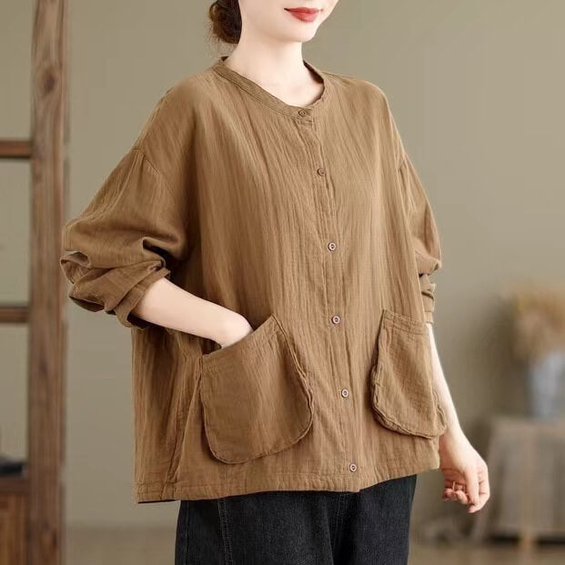 Babakud Women Autumn Artistic Big Pocket Cotton Blouse