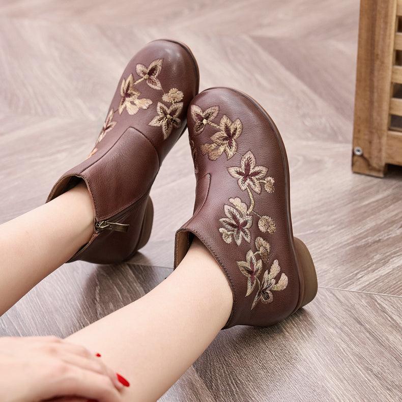 Babakud Women Winter Embroidered Fleece- Lined Leather Short Boots