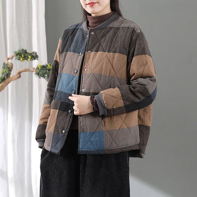 Women Retro Distressed Padded Stand Collar Warm Jacket