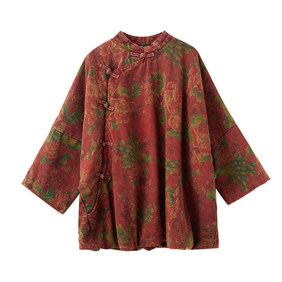 Women Warm Vintage Asymmetric Front Printed Cotton Coat