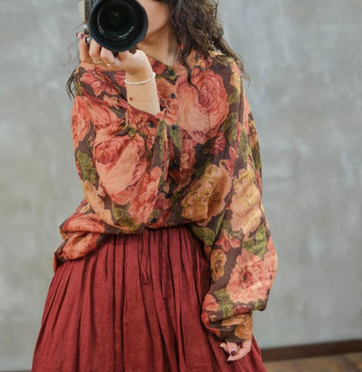 Plus Size Retro Peony Printed Loose Ramie Shirts