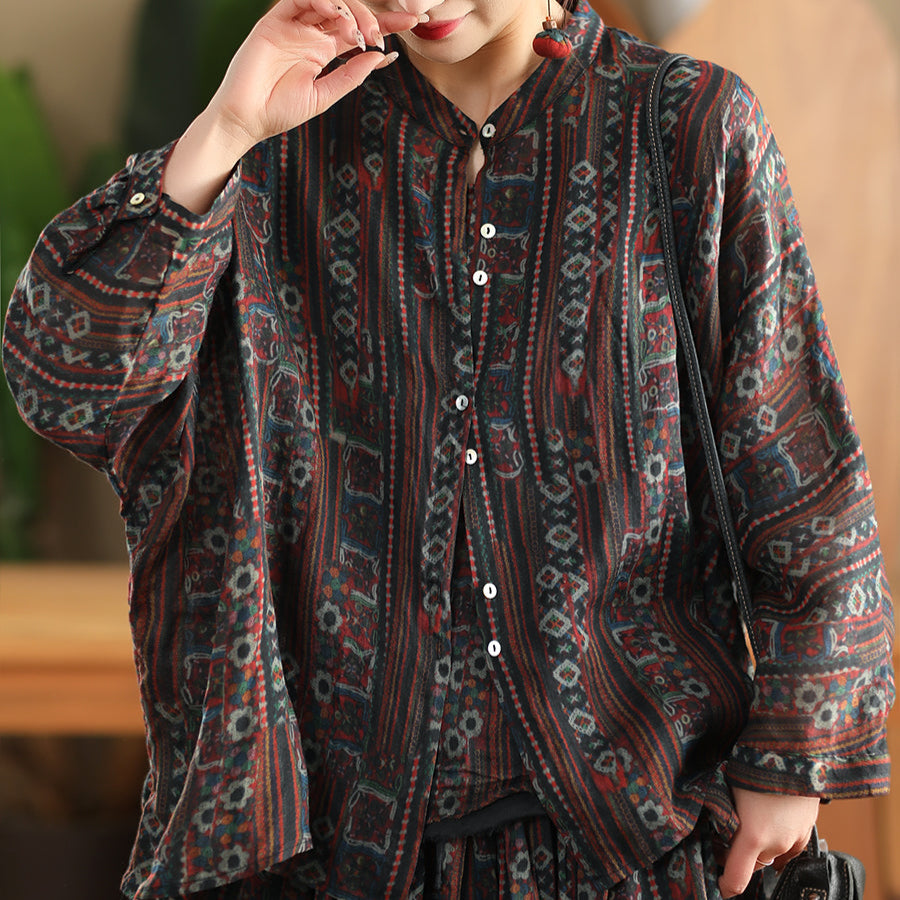 Women Spring Retro Printed Floral Ramie Shirt Blouse