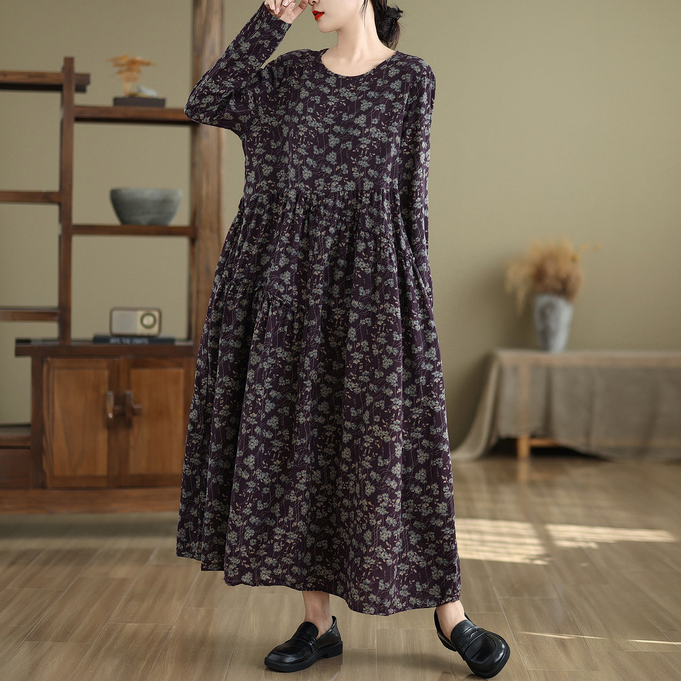 Babakud Women Autumn Retro Loose Cotton Linen Printed Floral Dress