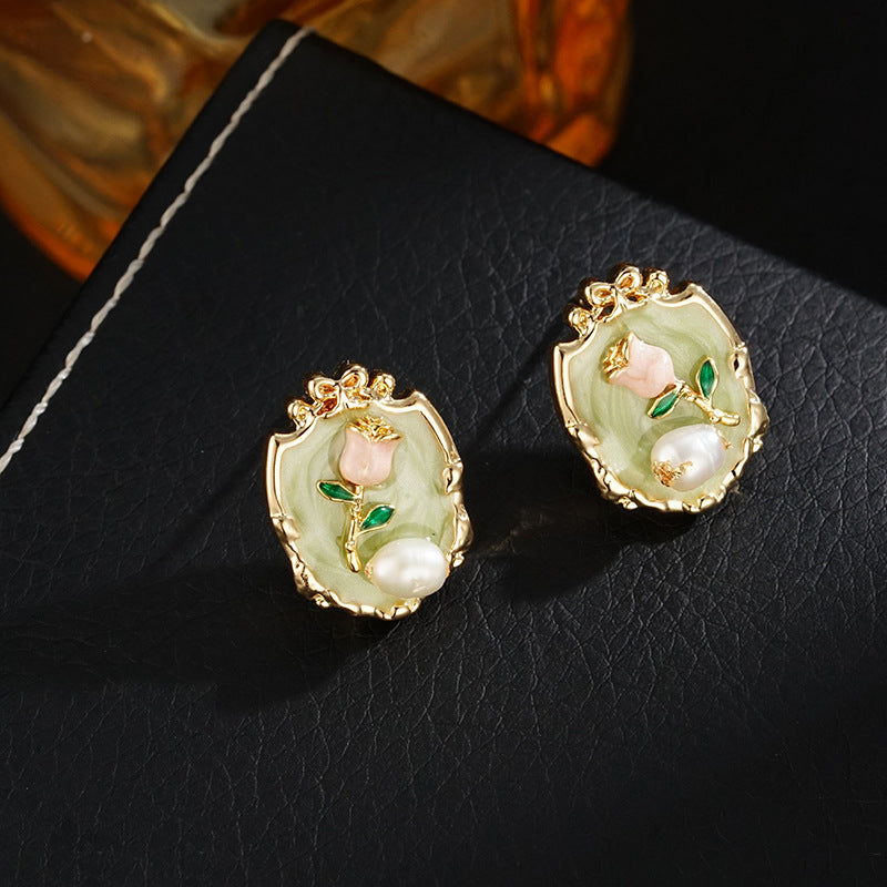 Babakud Women Vintage Green Oil Painting-Inspired Pearl Flower Earrings