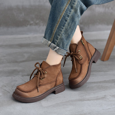 Babakud Women Winter Retro Lace-Up Leather Short Boots