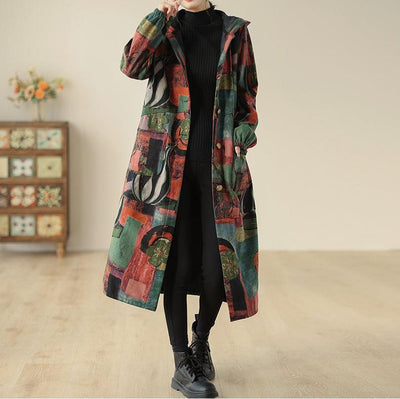 Women Winter Fleece-Lined Printed Long Hooded Cotton Coat