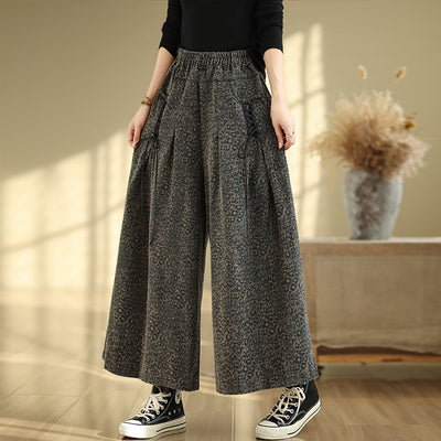 Babakud Women Autumn Leopard Printed Denim Wide- Leg Pants