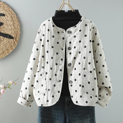 Babakud Women Winter Vintage Loose Polka Dots Cotton Linen Jacket