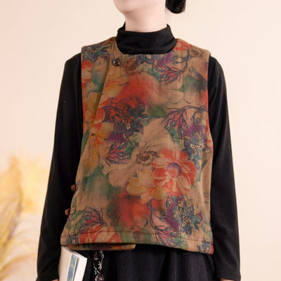 Women Winter Vintage Printed Cotton Linen Quilted Vest