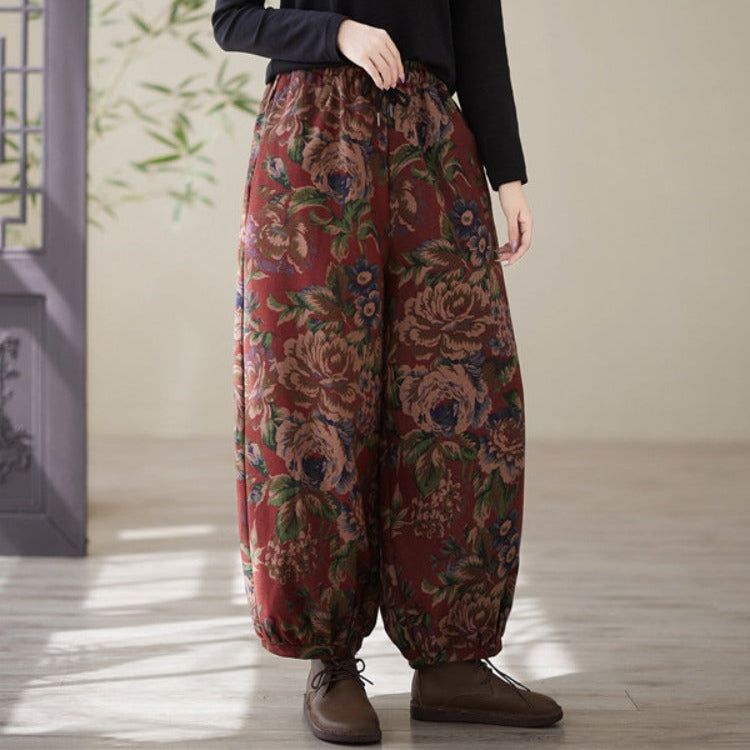 Babakud Women Winter Retro Linen Floral Thick Fleece-Lined Cotton Pants