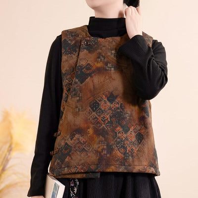 Women Winter Vintage Printed Cotton Linen Quilted Vest