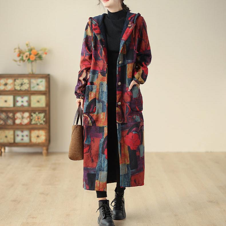 Women Winter Fleece-Lined Printed Long Hooded Cotton Coat