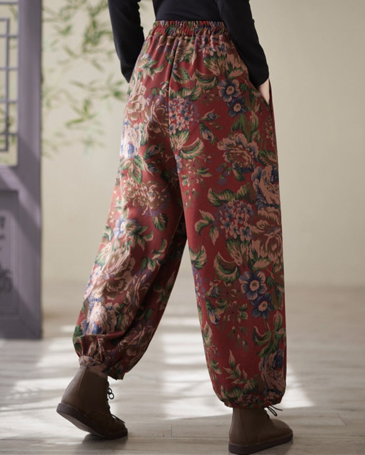 Babakud Women Winter Retro Linen Floral Thick Fleece-Lined Cotton Pants