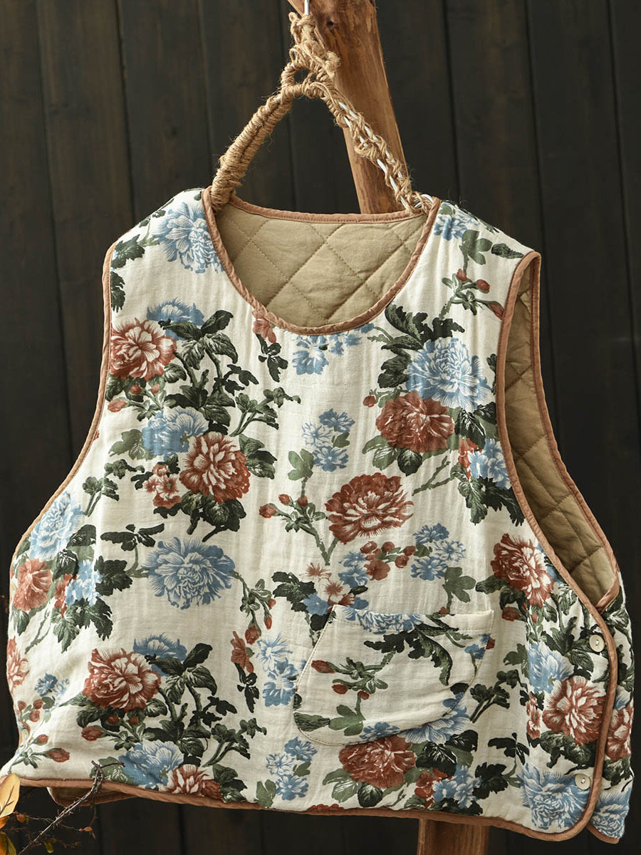 Babakud Women Winter Retro Printed Floral Cotton-Linen Quilted Vest