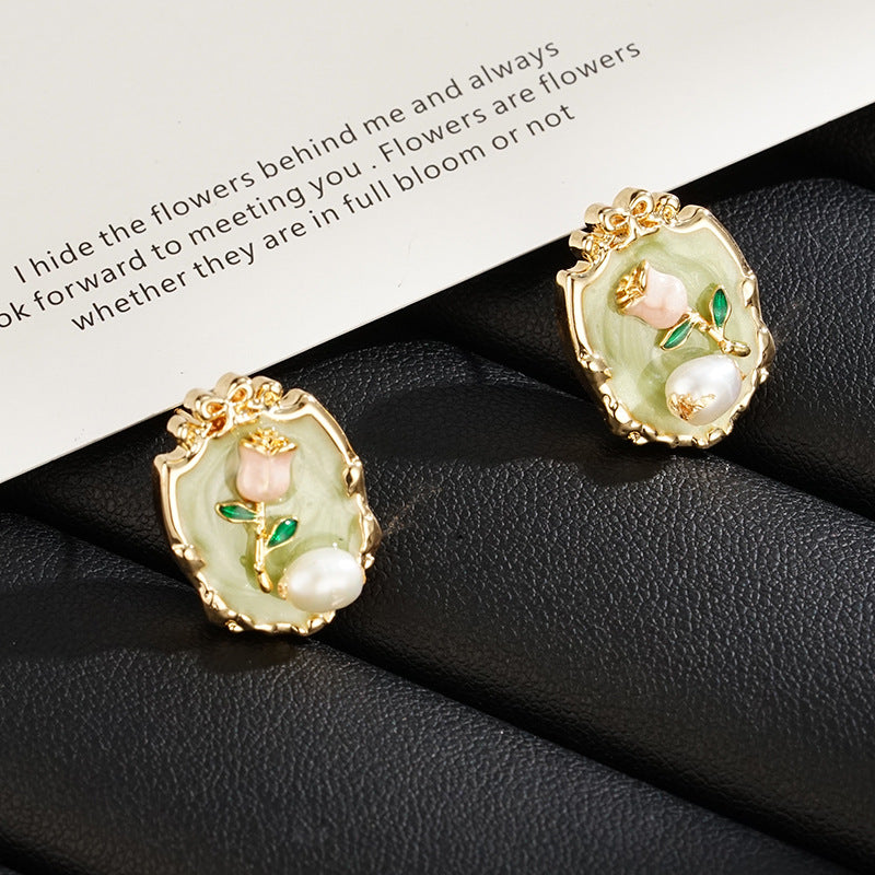 Babakud Women Vintage Green Oil Painting-Inspired Pearl Flower Earrings