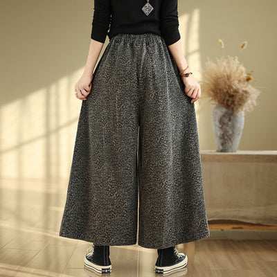 Babakud Women Autumn Leopard Printed Denim Wide- Leg Pants