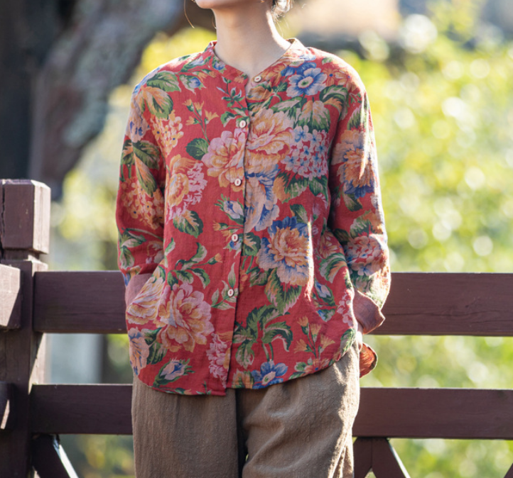 Babakud Women Autumn Spring New Art Retro Flower Blouse