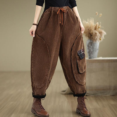 Babakud Women Winter Corduroy Fleece-Lined Casual Cropped Harem Pants