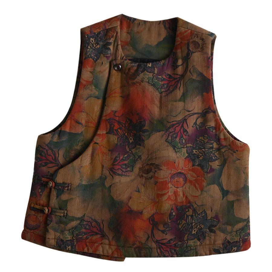 Women Winter Vintage Printed Cotton Linen Quilted Vest