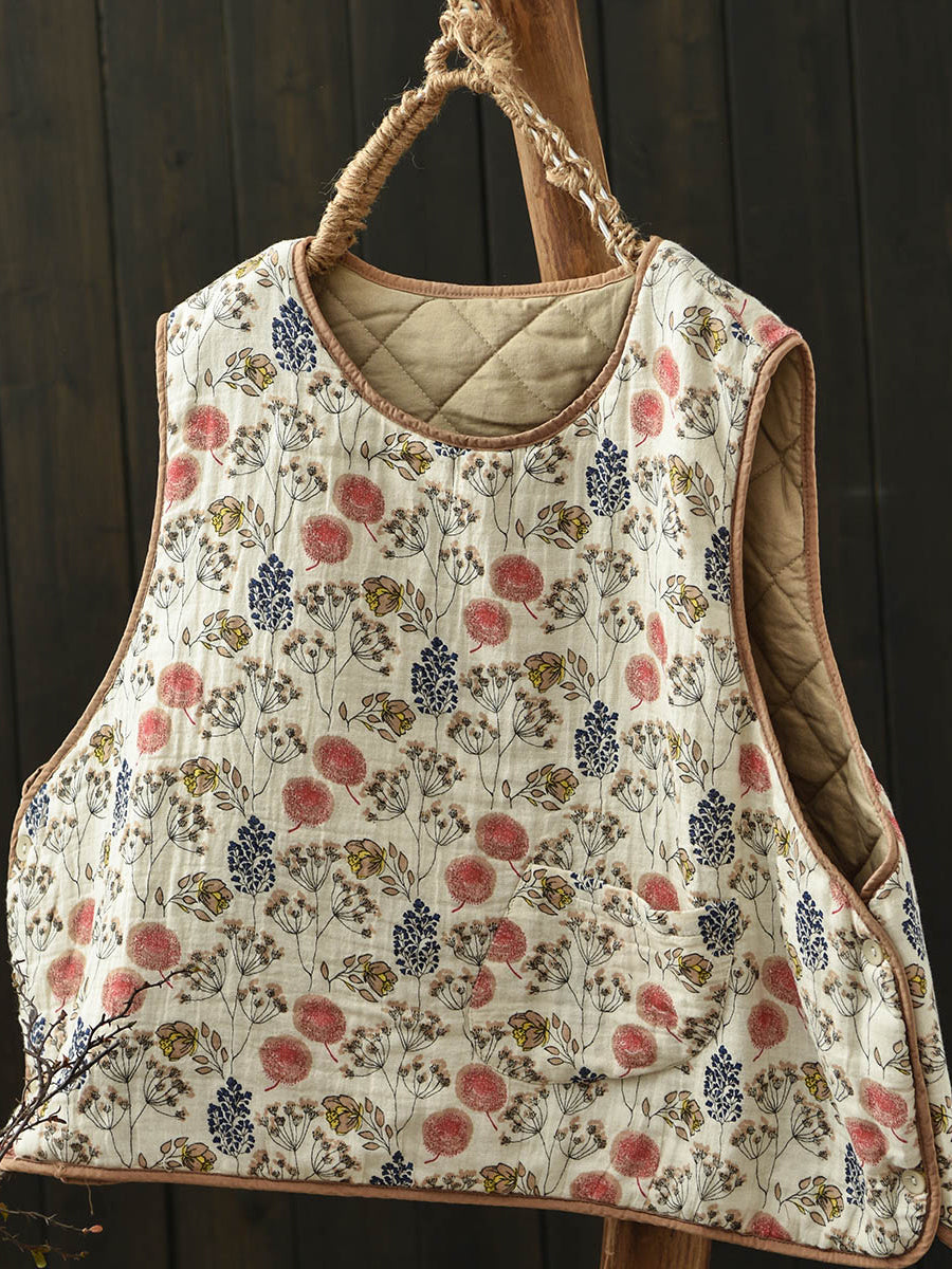 Babakud Women Winter Retro Printed Floral Cotton-Linen Quilted Vest