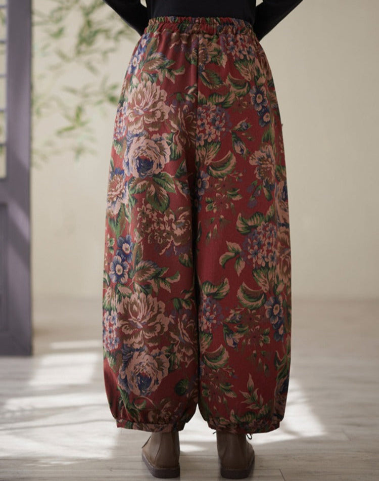 Babakud Women Winter Retro Linen Floral Thick Fleece-Lined Cotton Pants