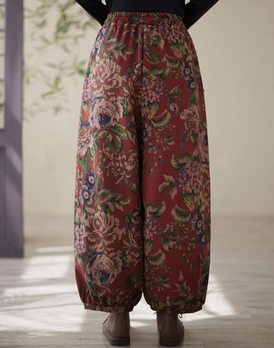 Babakud Women Winter Retro Linen Floral Thick Fleece-Lined Cotton Pants