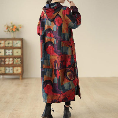 Women Winter Fleece-Lined Printed Long Hooded Cotton Coat