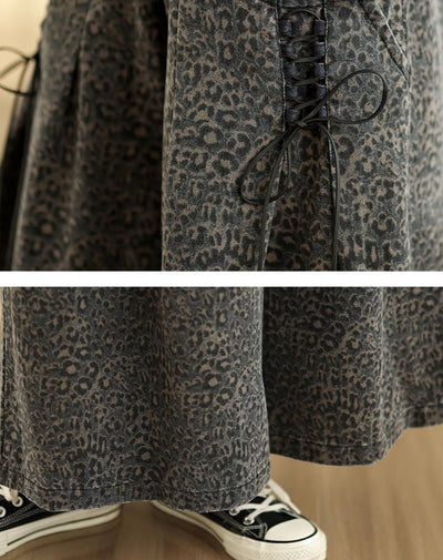 Babakud Women Autumn Leopard Printed Denim Wide- Leg Pants