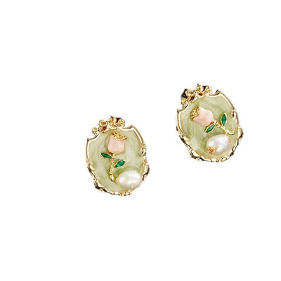 Babakud Women Vintage Green Oil Painting-Inspired Pearl Flower Earrings