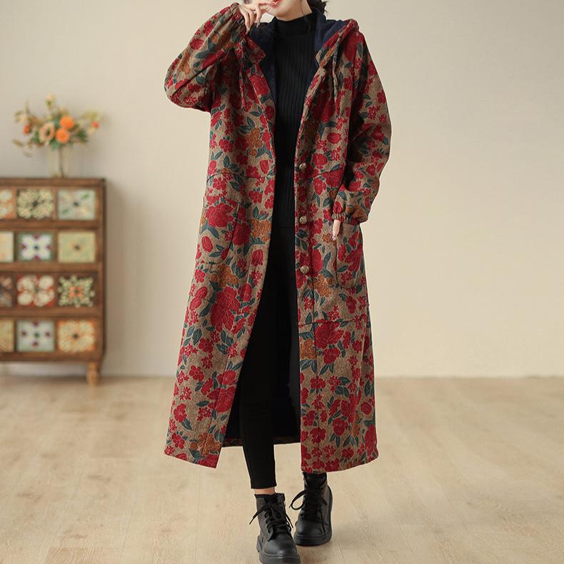 Women Winter Fleece-Lined Printed Long Hooded Cotton Coat